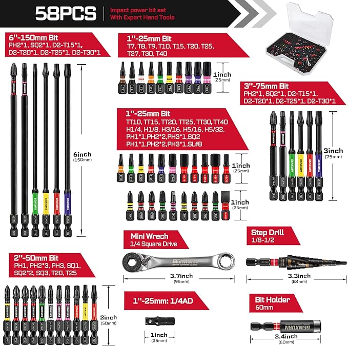 58Pcs Screwdriver Set Include 54Pcs Impact Screwdriver Bits Set, Mini Wrench, Step Drill, 1/4”Socket Adapter and Impact Bit Extension with Tool Box for Home Repairs DIY