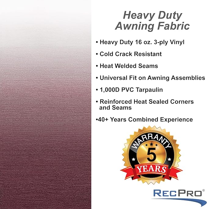 RecPro RV Awning Fabric Replacement | Width Options from 8 Feet to 22 Feet | Variety of Color Options | 8' (96") Length RV Awning | Premium Vinyl (11' - Actual Width 10' 1", Burgundy Fade)…