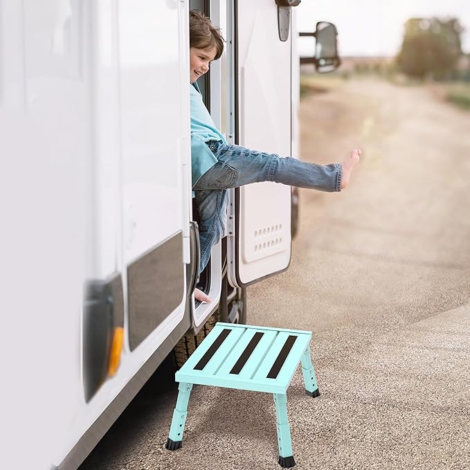 Adjustable Height Aluminum RV Step, Stable Foldable Platform Step Stool, Supports Up to 1,000 lb, Non-Slip Rubber Feet and Platform Mat, Easy to Carry (Green)