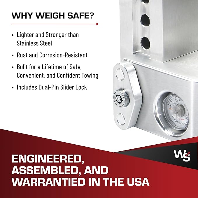 Weigh Safe Aluminum Adjustable Trailer Hitch - Towing Hitch with Built-In Tongue Weight Scale - Compatible with 2" Receivers - 10" Drop, Stainless Steel Tow Balls, 12,500 GTW, 1-Piece Lock Set