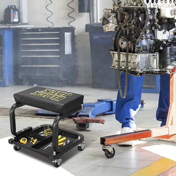 Torin 250lb Rolling Automotive Creeper Garage/Shop Seat: Padded Mechanic Stool with Tool Large Tray Suitable for garages, Repair Shops,Black
