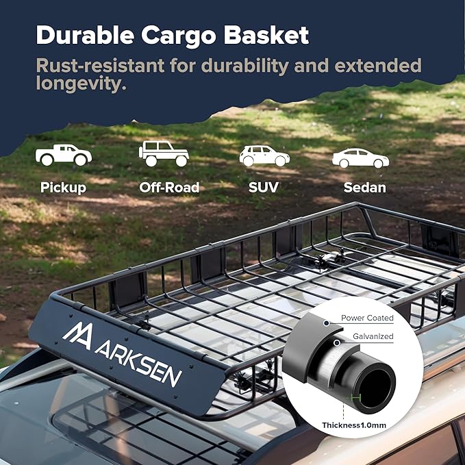 ARKSEN 64 x 34 x 6 Inch Universal Roof Rack with Extension, Cargo Net, 2 Straps, 150 LBS Heavy Duty Capacity Rooftop Cargo Basket for SUV, Truck, RV, Pickup