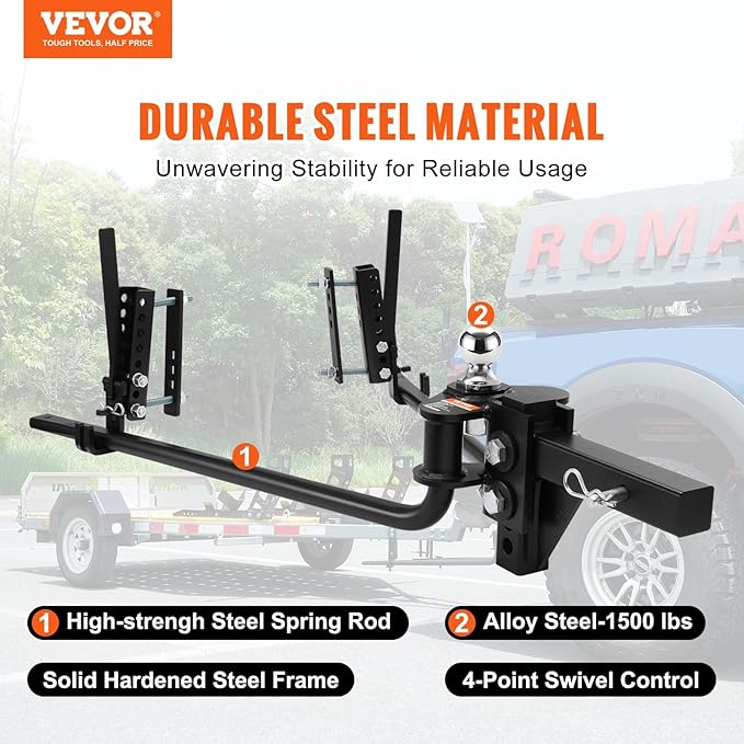 VEVOR Sway Control Weight Distribution Hitch, 1,500 lbs Capacity, Trailer Hitch Kit with 2-Inch Solid Steel Shank, 2-5/16 Inch Alloy Steel Ball, Powder-Coated Load Leveling, Black