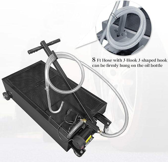 20 Gallon Oil Drain Pan with Electric Pump, Low-Profile Oil Pans for Changing Oil, T-Handle and J-Hook Makes Drain Easier, Black