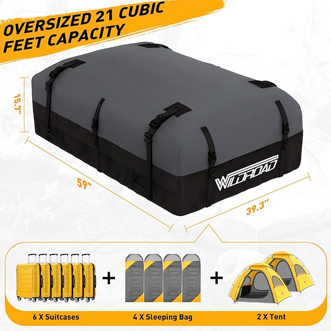 Rooftop Cargo Carrier Bag, WILDROAD 21 Cubic Feet 600D Ultra Anti-Tear Fabric Waterproof Car Roof Bag, Soft-Shell Roof Bag with Storage Bag, Anti-Slip Mat and 6 Door Hooks Fits Car with/Without Racks