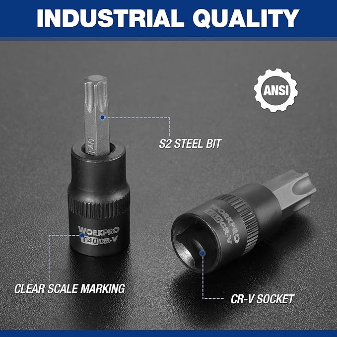 WORKPRO 60-piece Master Torx Bit Socket and External Torx Socket Set, 1/4", 3/8", 1/2" Drive Bits, Female E Sockets E4-E24, Star Socket Bits T6-T70, TT6-TT70, TP8-TP60, CR-V & S2 Alloy Steel