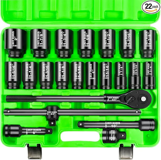 22 PCS 3/4" Impact Socket Set, Drive Deep 6 Point Socket Set, Including Long Sockets, 3/4" Impact Extension Bar and Drill Socket Adapter, Cr-MO