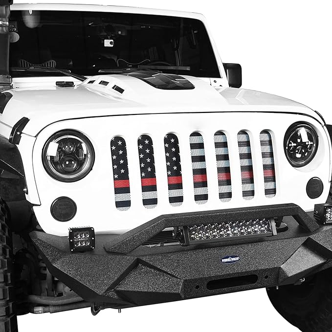 Hooke Road Wrangler Flag Grill Insert JK Mesh Grille Deflector Guard Compatible with Jeep JK Wrangler 2007-2018 - Thin Red