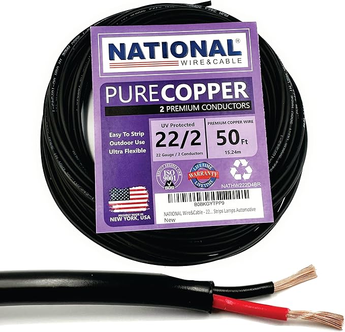 NATIONAL Wire & Cable – 22 AWG 2-Conductor Premium Copper Wire, 50 ft, Stranded | Made in USA, Flexible Jacket | Electronics, Alarms, Signal Wiring, DIY, Indoor and Outdoor Use