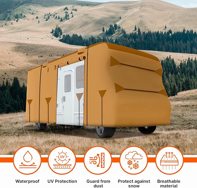 26-29 Ft Class C RV Cover Package Premium Heavy-Duty Waterproof Windproof Anti-UV Breathable Fabric Including 4 Tire Covers and 4 Sharp Edge Covers 2 Secure Straps