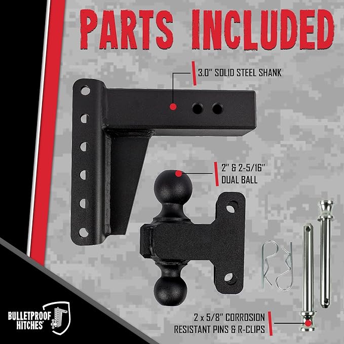BulletProof Hitches - 3.0" Adjustable Heavy Duty Trailer Hitch (22,000 lb. Rating) - 6" Drop/Rise Trailer Hitch with 2" & 2-5/16" Dual Ball - Powder Coat, Solid Steel, Corrosion-Resistant
