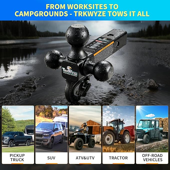 Trailer Hitch, Tri Ball Hitch with Tow Hook, 1 7/8 Ball Hitch, 2 inch Ball Hitch, 2 5/16 Ball Hitch, Premium Black E-Coat, Rust Resistant 2 inch Receiver Hitch, 10,000 lbs GTW