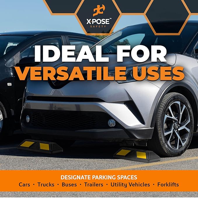 Xpose Safety 22" Heavy Duty Rubber Parking Stopper – Bulk 1 Full Pallet 100 Pack Wheel Blocks for Garage, Driveway, or Ramp – Car Bumper Stop with Yellow Reflective Strips – Removable Floor Mount