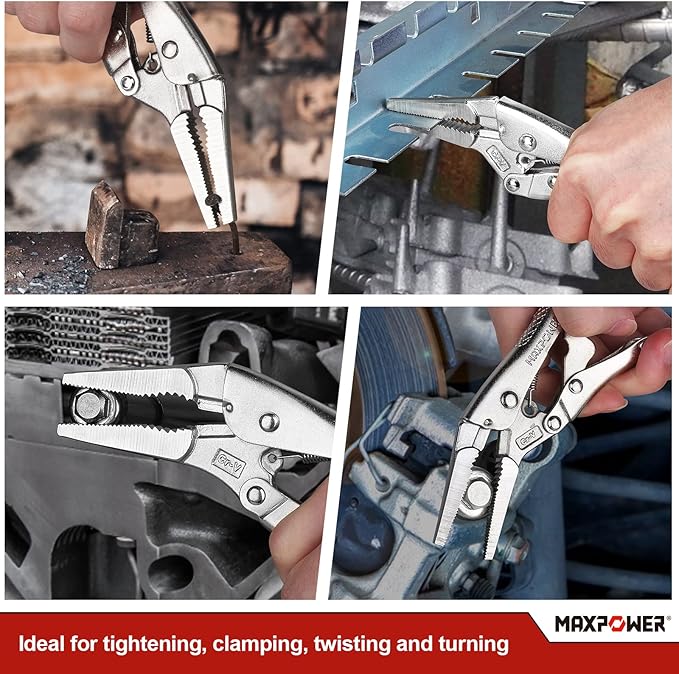 MAXPOWER 5-Piece Locking Pliers Set, Long Nose Pliers 9 Inch and 6 Inch, Curved Jaw Locking Plier 10 Inch 7 Inch and 5-Inch (Kitbag Included)