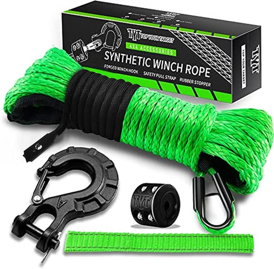 TYT Synthetic Winch Rope Kit - 1/4'' x 50' with 10000 lbs Strength, Protective Sleeve, Heavy Duty Hook, Rubber Stopper, & Safety Pull Strap for Off-Road 4x4 Vehicles (Green) (JPS1450OG)