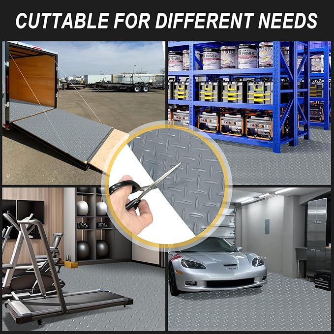 7.5x25 FT Garage Floor Mat, 2.8mm Thickened Flooring Roll for Under Car with 20Pcs Tapes, 188SQFT Diamond Plate Non-Slip Floor Protector Mat for Garage, Warehouse, Gyms, Trailer(Grey)