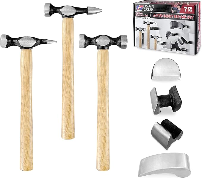 C&T Auto Body Repair Tool Kit,7 Piece,Car Body Repair Tool Kit, Carbon Steel Dolly and Hammer Dent Body Fender Tool Set