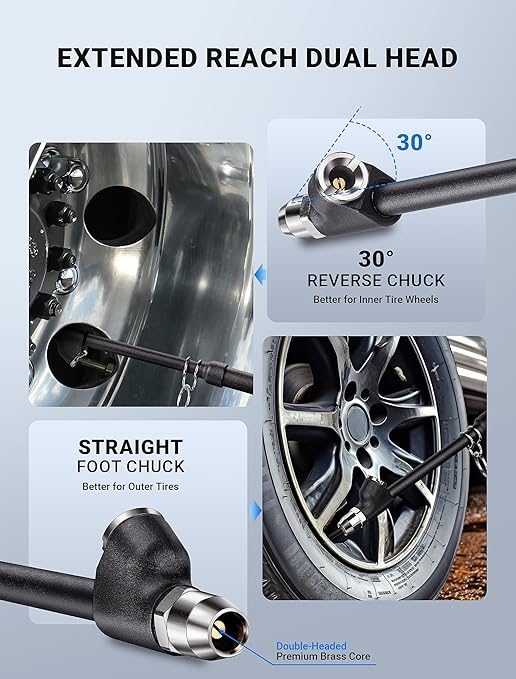 2-Pack Dual Head Tire Pressure Gauge, Heavy Duty Truck Tire Air Gauge Range 10-150PSI 1-10Bar, Straight-On Pencil Air Pressure Gauge Extended Tube for Semi Truck, Car Tire Pressure Checker