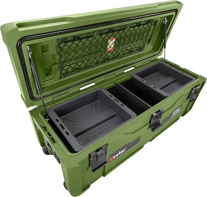 SRX-175 Overlanding Cargo Case – 175L Waterproof Storage Box for Camping, Off-Road & Truck Bed Gear – Heavy-Duty Lockable Storage with Gas Strut Lid, Stackable Design & Interior Organizer Tray (Green)