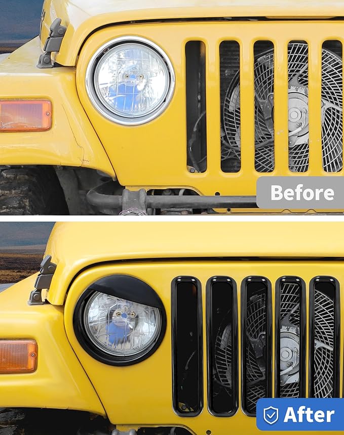 Front Grille Mesh Inserts & Angry Eyes Headlight Bezels Cover Trim Fit for 1997-2006 Jeep Wrangler TJ & Unlimited Exterior Accessories Clip-in Grille Guard Cover Headlight Bezels Trim Ring