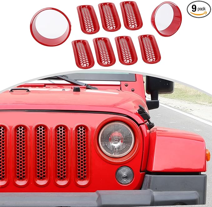 CheroCar for JK Mesh Grille Grill Insert & Headlight Cover Trim Exterior Accessories for Jeep Wrangler JK 2007-2017,Red…