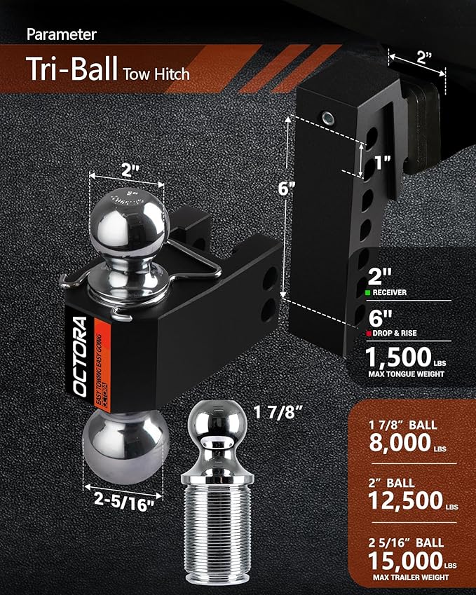 Adjustable Trailer Hitch (Fits 2-Inch Receiver) - Aluminum Tow Hitch with 6-Inch Drop/Rise for Truck (12,500 LBS GTW) - Double Anti-Theft Locking Hitch Pins (Black, 2.0inch-6Drop-Tri Ball)