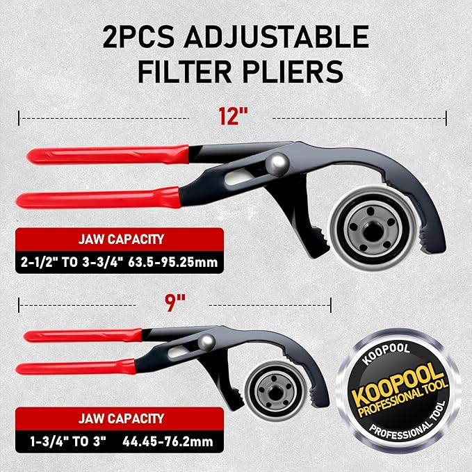 Oil Filter Wrench Set, 8 Piece Adjustable Oil Filter Pliers 2-3/4" to 5-1/4", 9" & 12" Universal Oil Filter Removal Tool with 1/2" to 3/8" Adapter, Organized in Storage Case (8-Piece Set)