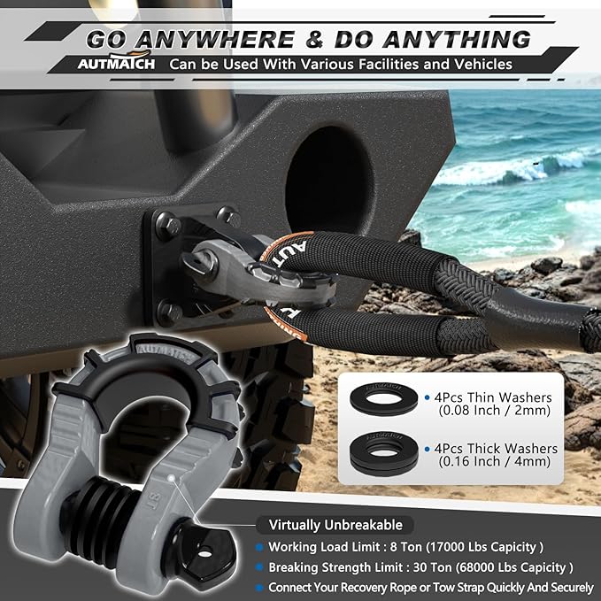 AUTMATCH D Ring Shackles 3/4" Mega Shackle (2 Pack) 68,000Ibs Break Strength - Heavy Duty Clevis Shackles with 7/8" Screw Pin and Isolator Washer for Tow Strap Winch Off Road Vehicle Recovery, Gray