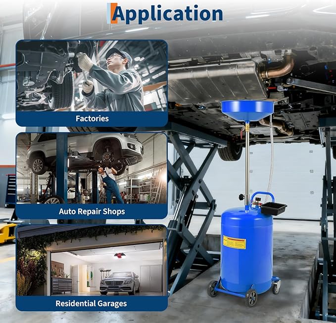 20 Gallon Waste Oil Drain Tank Portable Air Operated Oil Drainer with Adjustable Funnel Height 38-65 Inches 15 Inch Funnel Fluid Fuel Transfer Drain Container with 360 Degree Wheels and Toolbox Blue