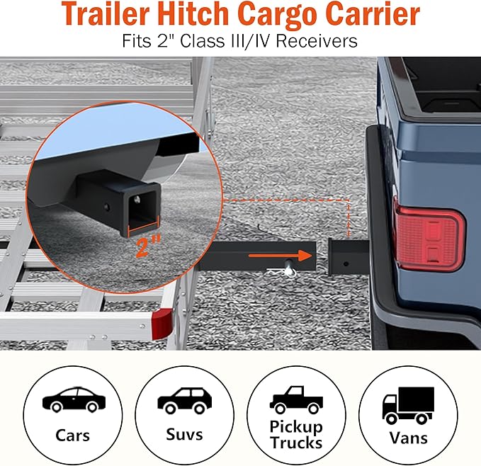 Aluminum Hitch Cargo Carrier with Ramp, 50" x 29.5" x 8.7" Trailer Hitch Cargo Carrier Hitchs Mount Cargos Hitchs Carriers, 500lbs Capacity, Fit 2" Receiver for Suvs Trucks Vans Pickups Camping