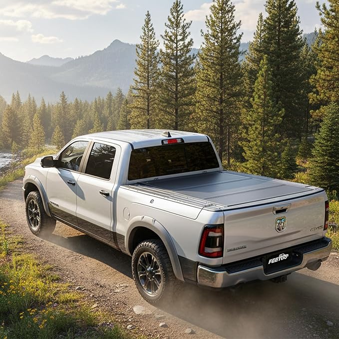 HTL Low-Profile Tonneau Cover for 2009-2025 Dodge Ram 1500 with 5'7" (67in) Bed w/RamBox | FRP Hard Tri-Fold Truck Bed Cover