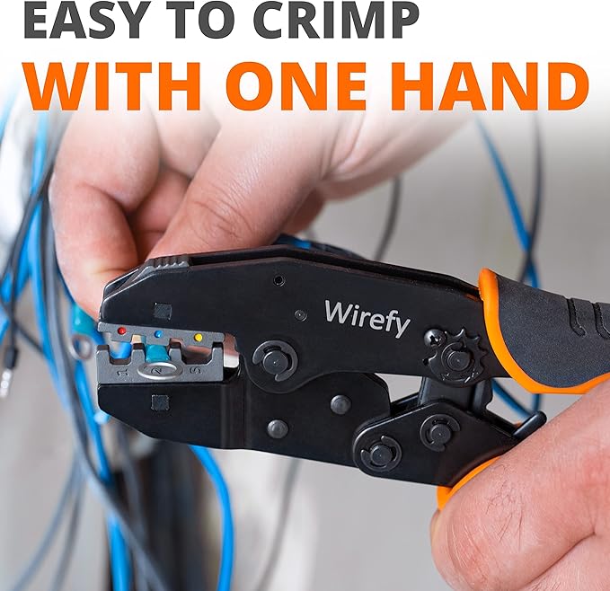 Wirefy 8.7″ Quick-Change Die Crimping Tool – Ratcheting Hand Crimper for 26-8 AWG Terminals | Interchangeable Dies Compatible