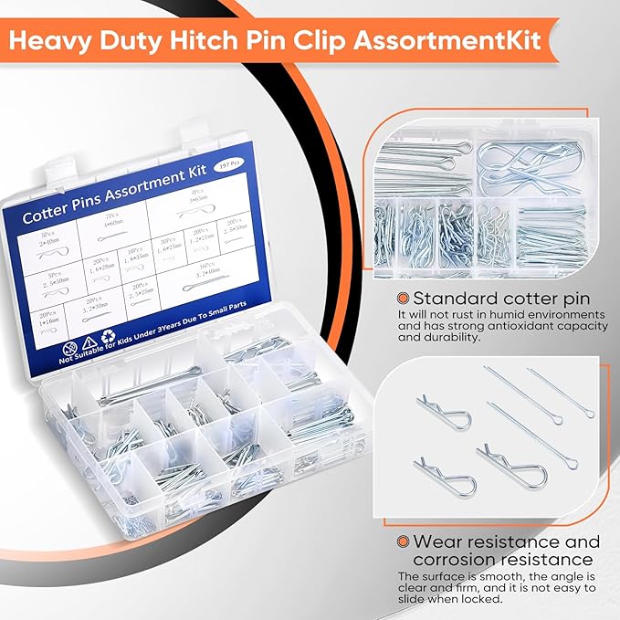 197Pcs Hitch Pin,13 Sizes Hardware Cotter Pins Clip Assortment Kit - 304 Stainless Steel R Hairpin Cotter Fastener Clip Suitable for Truck and Engine Maintenance, Hanging Needle Lock System