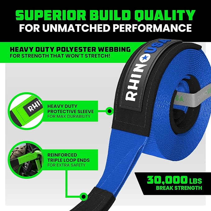 Rhino USA Recovery Tow Strap (3"x20') - 31,518lb Break Strength- Emergency Recovery Strap Tow Rope for Truck, UTV, ATV & More - Heavy Duty Towing Strap for Offroad 4x4 Use- Compatible with Jeep (Blue)