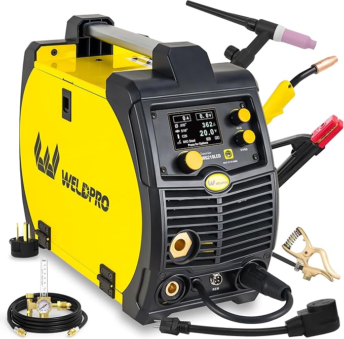 Weldpro 200A MIG Welder, 110V/220V Flux Core MIG Welder/MMA/TIG/Stick 5 in 1 Welding Machine with Spot Timer, IGBT Inverter Portable Gasless Welder Equipment, Aluminum Spool Gun Compatible