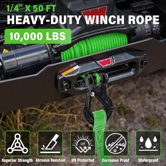 Synthetic Winch Rope Kit - 1/4" x 50' 10000 lbs Kinetic Recovery Cable for ATV UTV Off-Road Vehicles with Forged Hook, Rubber Stopper, Protective Sleeve and Safety Pull Strap - Green