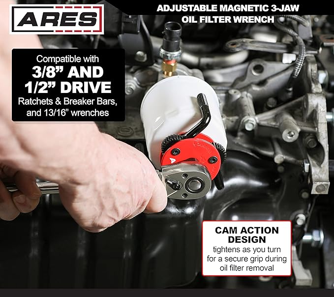 ARES 56059 – Large Size Adjustable Magnetic 3-Jaw Oil Filter Wrench – Fits Spin-On Oil Filters from 2-3/4-Inch to 5-1/4-Inch Diameters – Includes 3/8 Inch to 1/2 Inch Drive Adapter – Magnetic Base