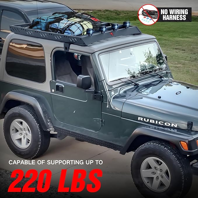 Roof Rack Cargo Basket Compatible with 4PCS LED Light Bar Compatible for 1997-2006 Jeep Wrangler TJ 2 Doors Hardtop, Luggage Racks Rooftop Storage Carrier (Black)