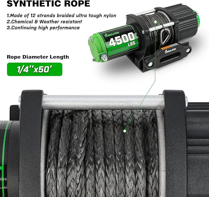 STIMULATER 4500LB ATV Winch, with Synthetic Rope, with Wireless Remote and Wired Switch,Hawse Fairlead&Hook,IP67 Waterproof,Suitable for Most ATVs