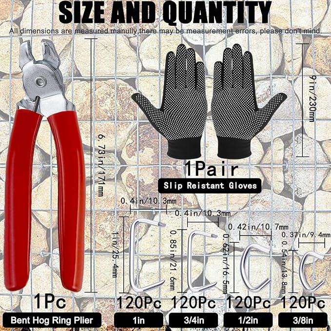 480Pcs 3/4" 1/2" 3/8" 1" Galvanized Hog Rings with Bent Hog Ring Pliers Assortment, Professional Upholstery Hog Rings Installation Kit for Bungee Shock, Cords, Animal Pet Cages, Bagging