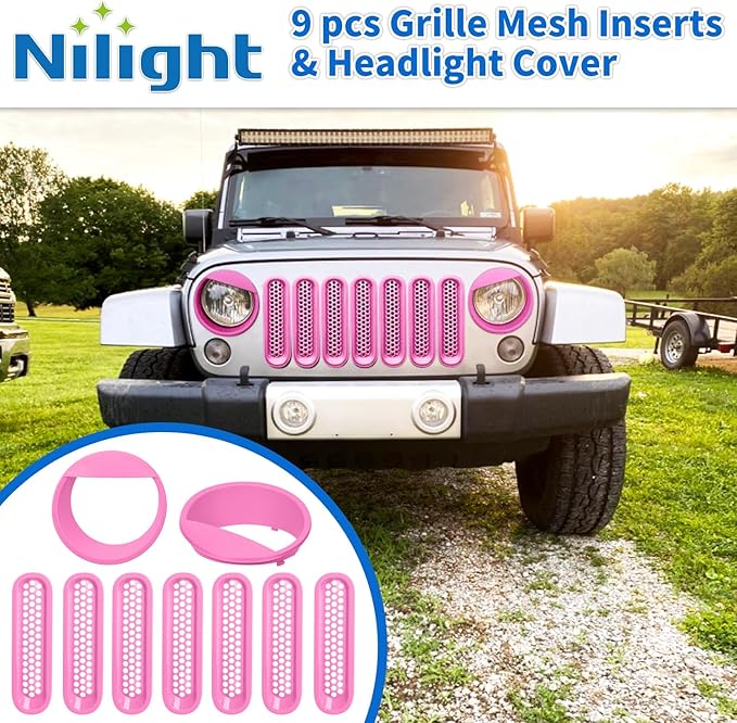 Nilight Grill Inserts fit for Jeep Wrangler Front Grille Mesh Inserts & Headlight Cover Set for JK JKU Unlimited Sports Sahara Freedom Rubicon 2007-2018 Clip-in Trim Exterior Accessories Pink 9 Pcs