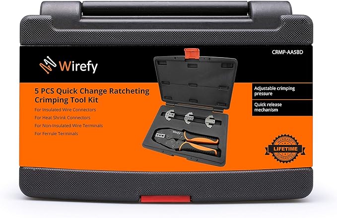Wirefy Wire Crimping Tool Kit | Crimpers & 4 Slide in Dies | Ratcheting Wire Crimper Tool | Terminal Crimp Pliers | for Heat Shrink, Nylon, Non-Insulated, Insulated Connectors, Ferrule Terminals