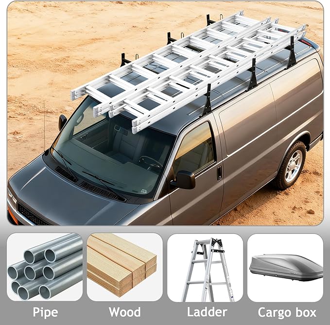 hightall Universal Van Ladder Rack,Adjustable Length 57-70" with Cargo Stoppers,Compatible with Chevy Express 1500 2500 3500 Ford Econoline GMC Savana Fullsize with Rain Gutter