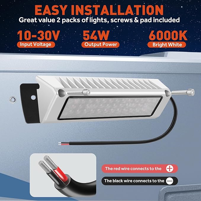 LED RV Exterior Porch Utility Light White Waterproof 10-30V DC Low Current 9" Lighting Fixture 54W 2000LM Aluminum Base led Scene Lighting for RV, Trailer, Camper(6000K Nature White)