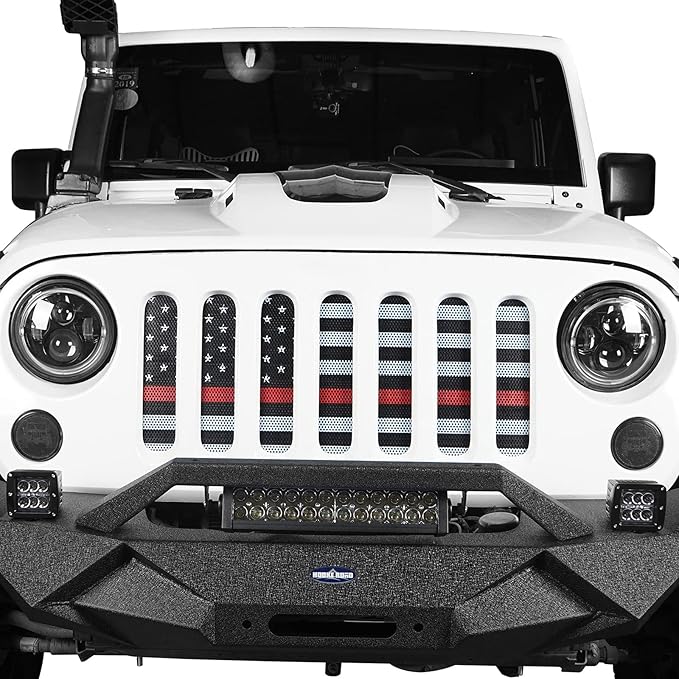 Hooke Road Wrangler Flag Grill Insert JK Mesh Grille Deflector Guard Compatible with Jeep JK Wrangler 2007-2018 - Thin Red