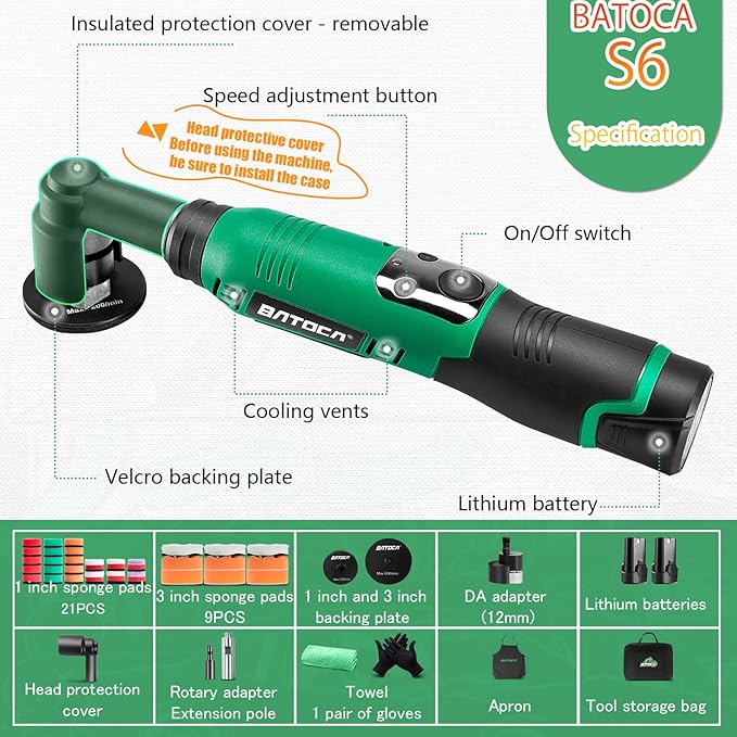 BATOCA S6 Micro Cordless Polisher for Car Detailing, 2x2.0Ah Batteries, 0mm Rotary Buffer, 12mm Dual Action Polisher 1 and 3 Inch with 6 Speeds 1000-5000 RPM for Car Polishing, Sanding Motorcycle