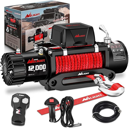 Nilight 12V Electric Winch for Jeep UTV Trailer Boat Offroad Towing ATV Winches 12000LBS IP68 Winch with Synthetic Rope Fairlead Wired Wireless Remote