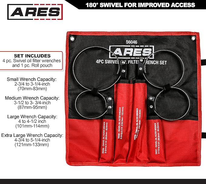 ARES 56065-4-Piece Swivel Oil Filter Wrench Set with Storage Pouch - Wrenches Cover 2 3/4-Inch to 5 1/4-Inch (70mm to 133mm) Diameter Filters - 180-Degree Swivel - Automatically Tightens on Filter
