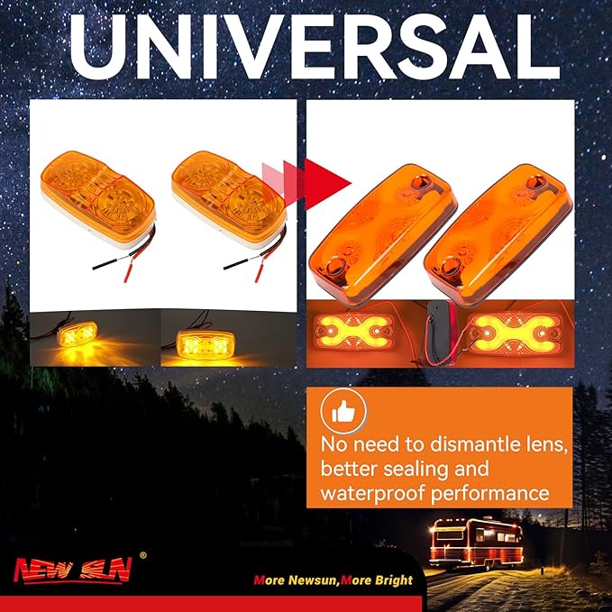 NEW SUN LED RV Trailer Top & Side Marker Lights, Premium IP 67, Halo Neon Design for Turn, Stop, Tail Lamps for Truck, Camper, Van, Bus, 16 Amber LEDs, 4"x2" Ultrawide Beam Angle, Durable PC Lens