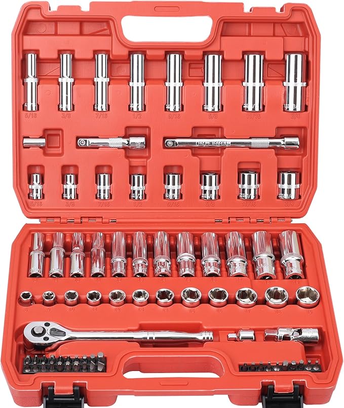3/8” Drive Socket Set, 76 Pieces Ratchet Wrenches Set, Standard and Deep Metric (8 to 19mm)/SAE (5/16 to 3/4 inch) Size, with 72-Tooth Ratchet for Auto Repairing and Household, with Storage Case
